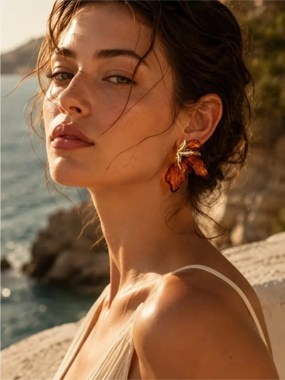 Gold tone and Amber Leaf Drop Earrings